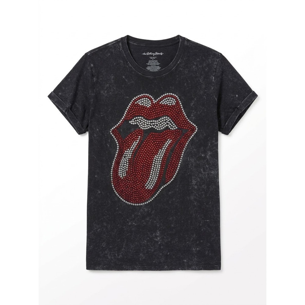 The Rolling Stones Graphic Tee Women Large Black Rhinestone Tongue Mineral Wash